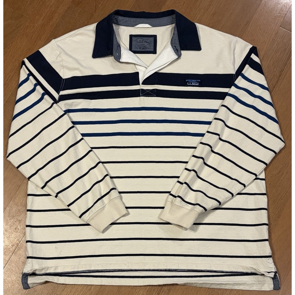 Vintage LL Bean Rugby Shirt Mens XL Striped Y2K  Long Sleeve Heavy White Blue